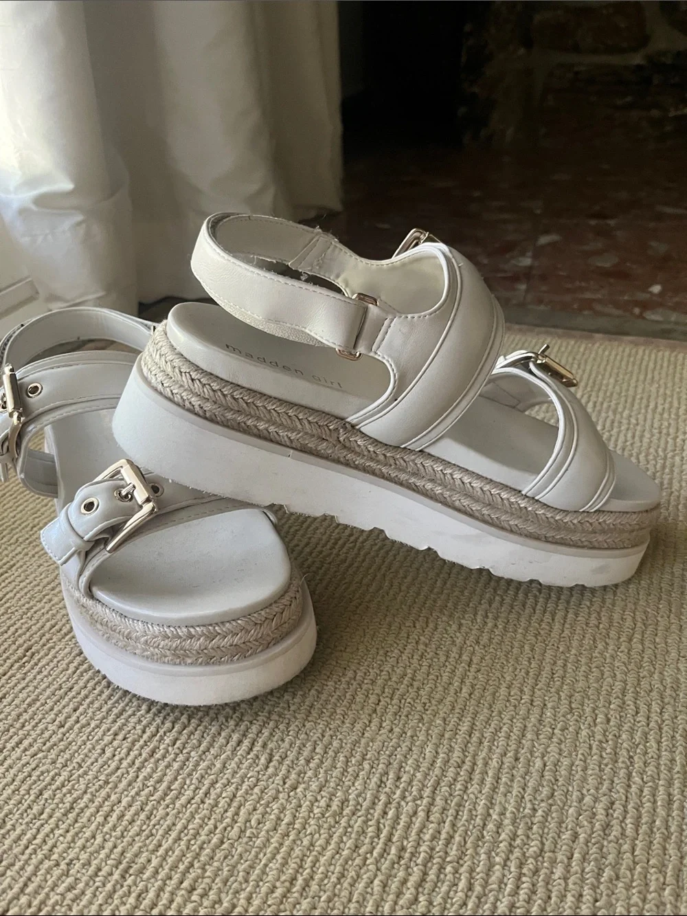 Steve Madden White Platform Espadrille Sandals with Gold Buckles